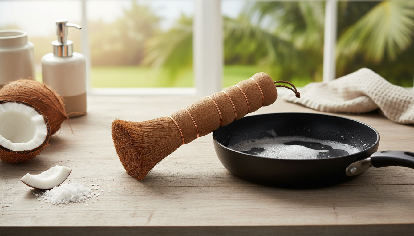Coconut Palm Pot Brush: Long Handle for Nonstick Pans