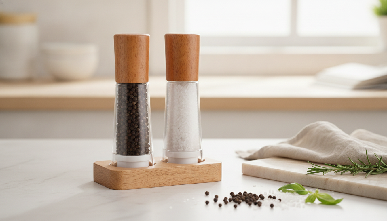 Wooden Salt & Pepper Grinder Set with Base: Tidy & Fresh
